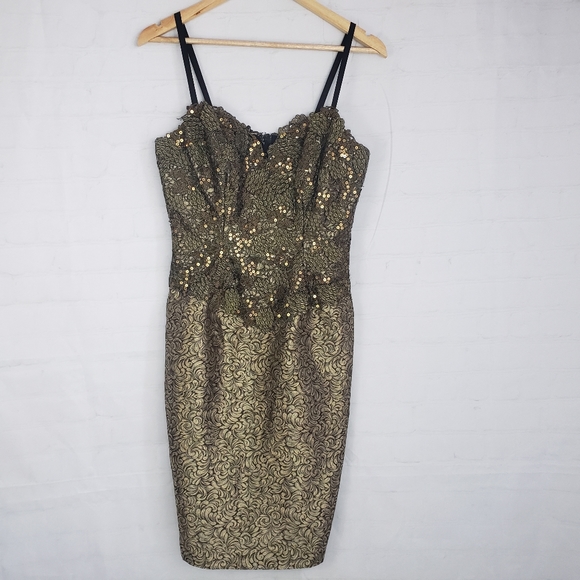 Vtg Bronze Metallic Brocade Sequins Cocktail Dress - Picture 1 of 13